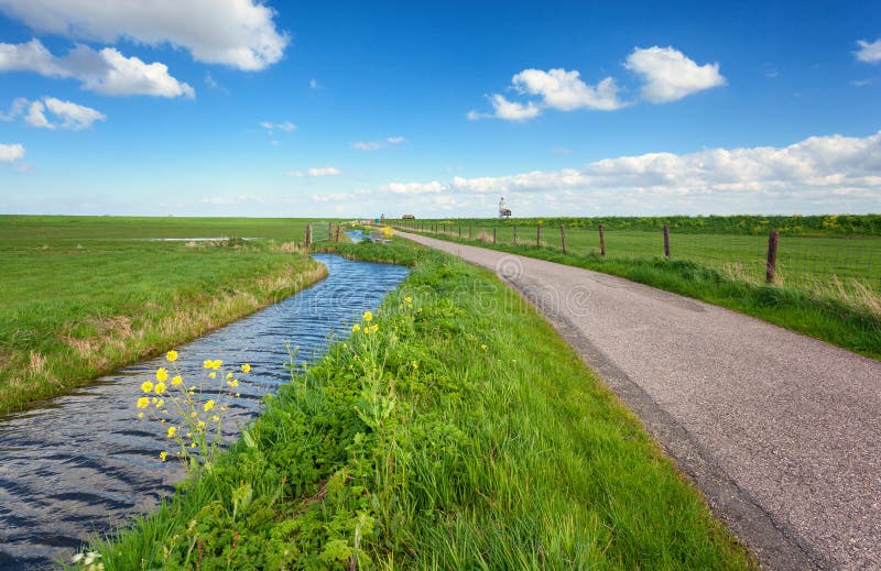 Beautiful landscape with green grass field, road, lighthouse