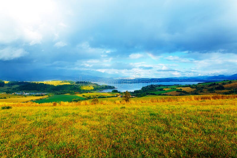 Krásna krajina, zelená a žltá lúka a