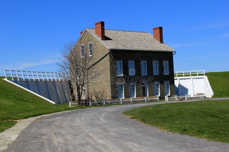 Beautiful landscape of historic Fort Ontario with old stone buildings, Oswego, New York, 2016 stock photography Beautiful landscape of historic Fort Ontario with old stone buildings, Oswego, New York, 2016 stock photography