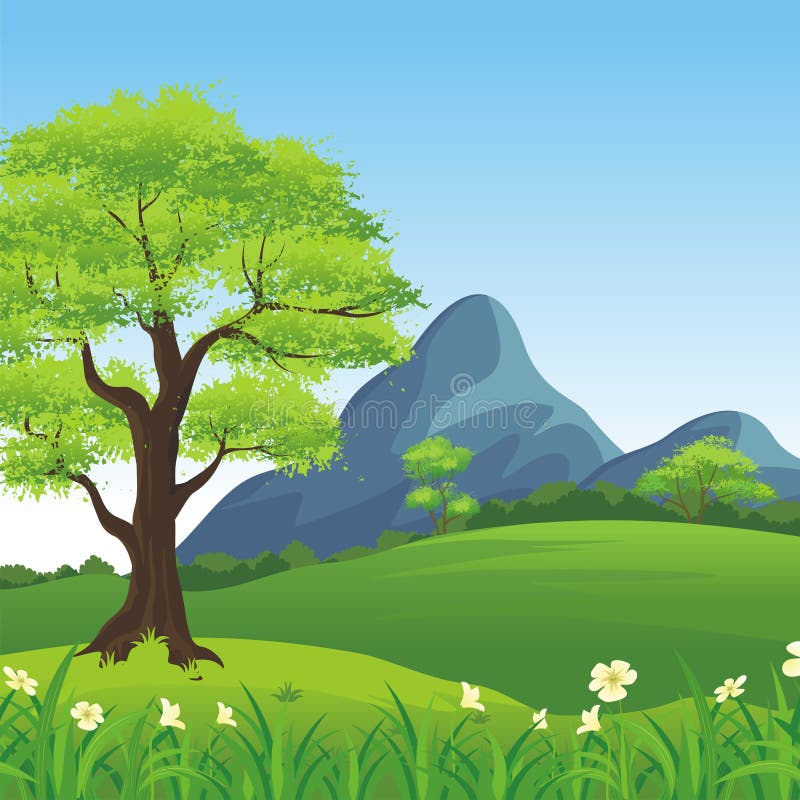 Beautiful Landscape, Lovely and Cute Scenery Cartoon Design. Stock