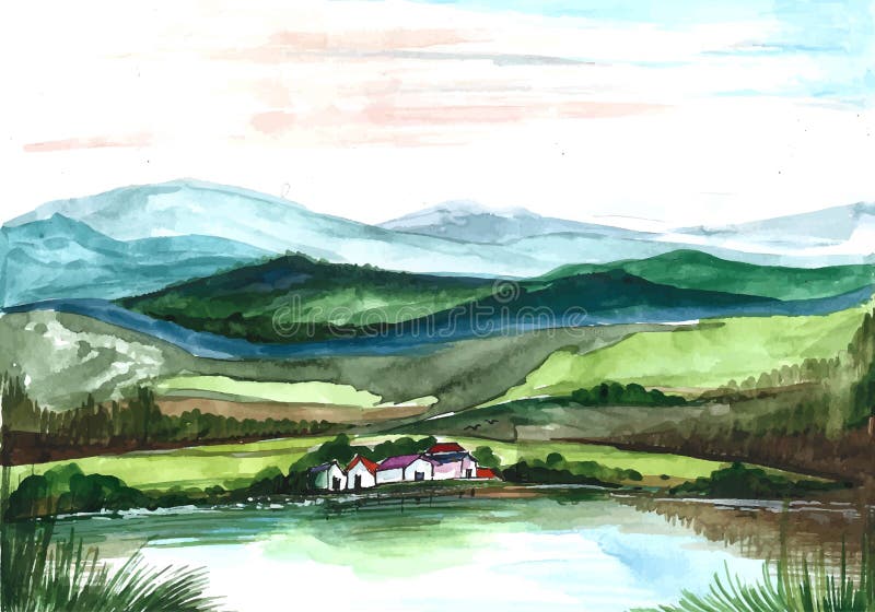 Beautiful landscape mountain hand draw painting background stock illustration