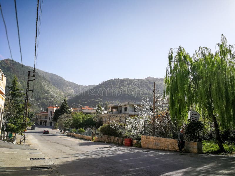 Beautiful landscape in Niha , the lebanese village with green grass and yellow trees and bright blue magical sky and few houses in the back and electric wires. Beautiful landscape in Niha , the lebanese village with green grass and yellow trees and bright blue magical sky and few houses in the back and electric wires