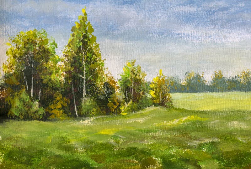 Beautiful landscape oil painting on canvas Spring forest green trees on a lush sunny meadow field. Hand acrylic painting