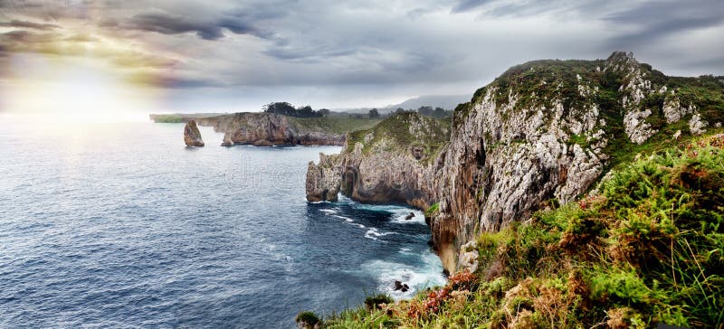 Beautiful landscape of sea coast and cliffs. Scenic panorama of the Acantilados del infierno in Spain, Asturias