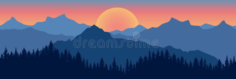 Beautiful landscape. Silhouette of dark blue forest on background of mountains and sunset. Panoramic view. Vector illustration