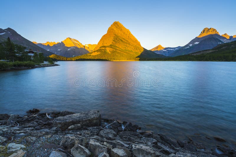 Beautiful landscape at Swiftcurrent Lake  when sunrise in Many Glacier area ,Montana`s Glacier National Park,Montana,usa