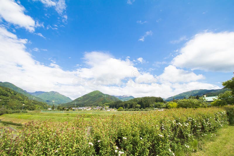 Beautiful landscape of Takayama mura at sunny summer or spring day and blue sky in Kamitakai District in northeast Nagano royalty free stock photography Beautiful landscape of Takayama mura at sunny summer or spring day and blue sky in Kamitakai District in northeast Nagano royalty free stock photography