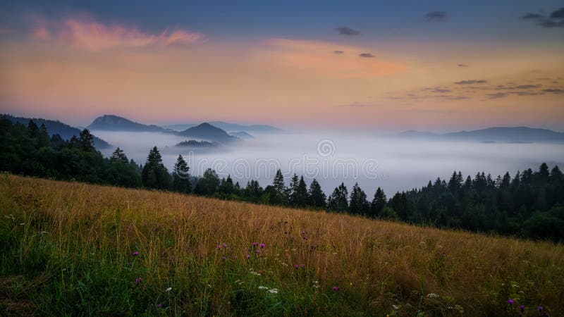 Krásná krajina s údolími, jezery a řekami v pohoří Pieniny v mlze