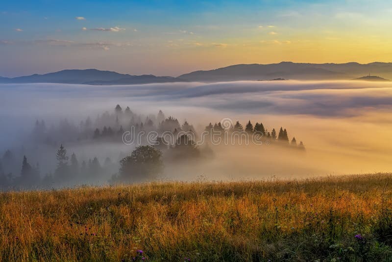 Beautiful landscape with valleys, sun and fog in Pieniny mountains