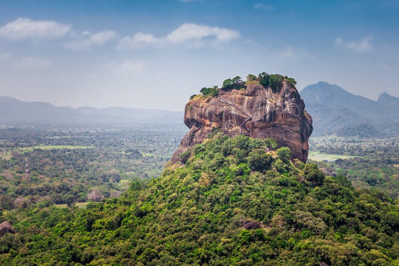 Beautiful landscape with views of the Sigiriya Rock or Lion Rock from the neighboring mountain Pidurangala, Dambula, Sri Lanka