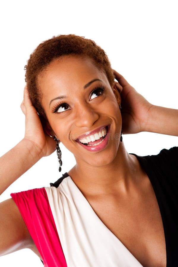 Fun face of beautiful African American business woman with big happy smile laugh and hands on head, isolated. Fun face of beautiful African American business woman with big happy smile laugh and hands on head, isolated.