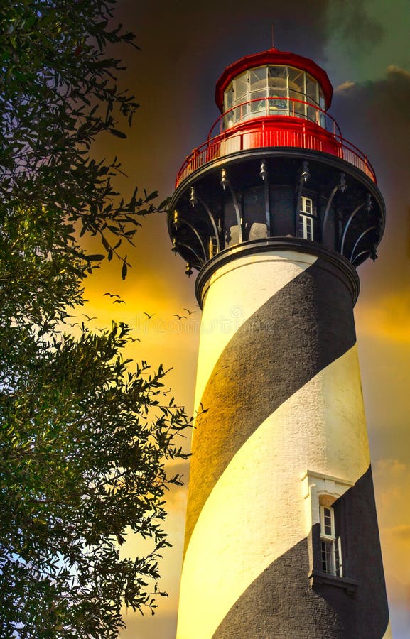 Beautiful Lighthouse Scene with Cloudy Dramatic Sky and Birds - St. Augustine