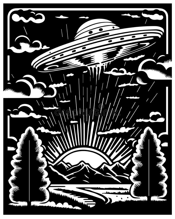 UFO Flying Above the Mountains Coloring Page or Print Art Frame Stock ...