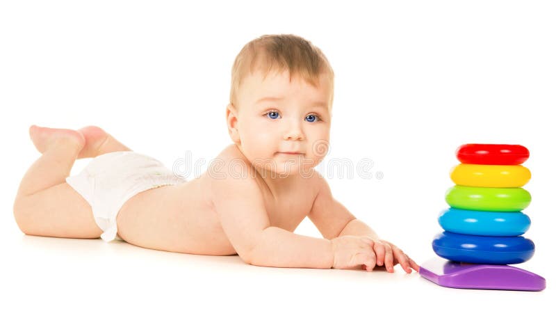 Beautiful a little baby crawling and playing with toys