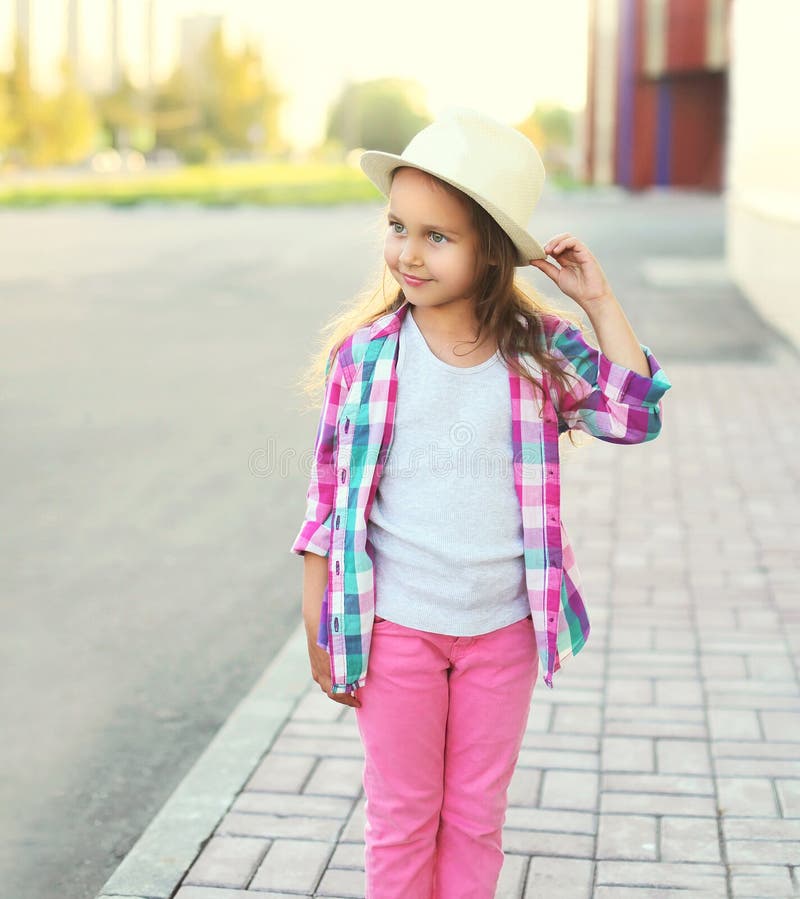 Happy Smiling Little Girl Child Wearing Checkered Pink Shirt Hat Stock ...