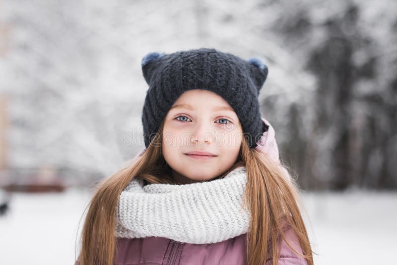 Beautiful Little Girl Five Years Old Portrait in a Snowy City Park ...