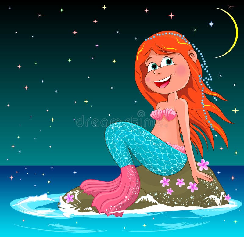 Beautiful little mermaid on the background of the night sky