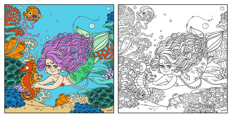 Little mermaid girl swimming with sea horse in the hands on underwater world with corals, anemones and fish background