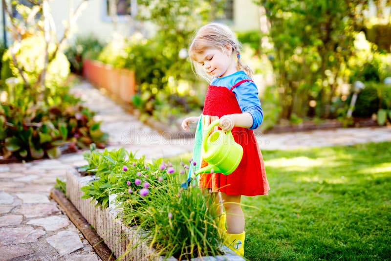 Beautiful little toddler girl in yellow rubber boots and colorful dress watering spring flowers with kids water can