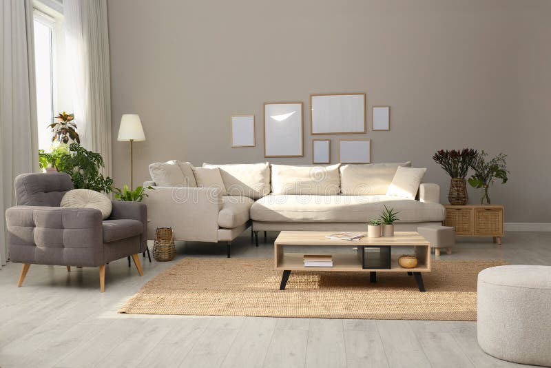 Beautiful Living Room Interior with Comfortable Sofa Stock Image