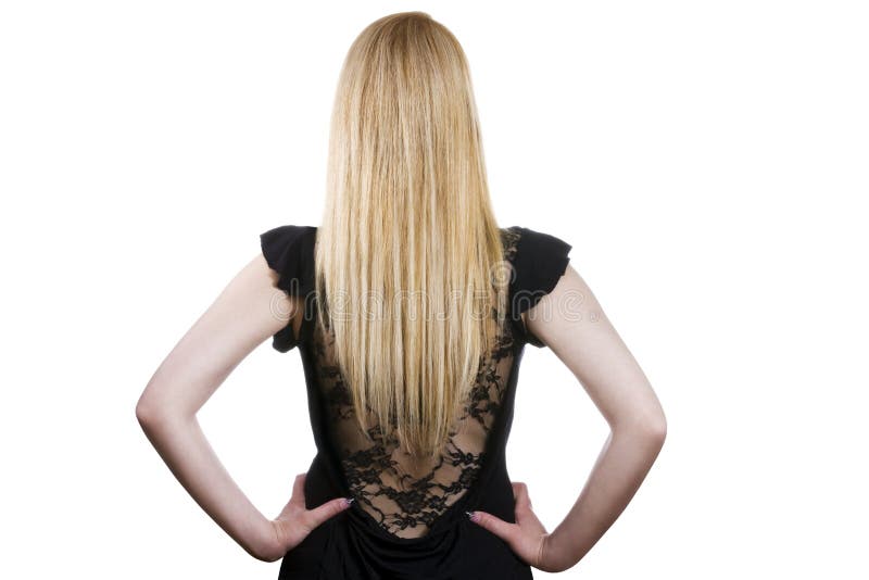 Ženy s krásnymi dlhými blond vlasy na večerné šaty.