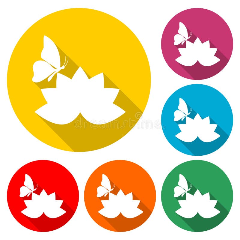 Beautiful lotus flower and Butterfly icon, color icon with long shadow