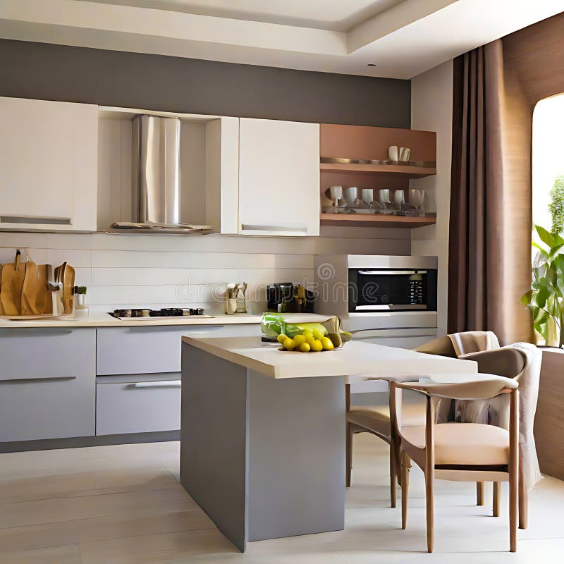 Beautiful Modern White and Grey Kitchen Interior Design. Generative AI