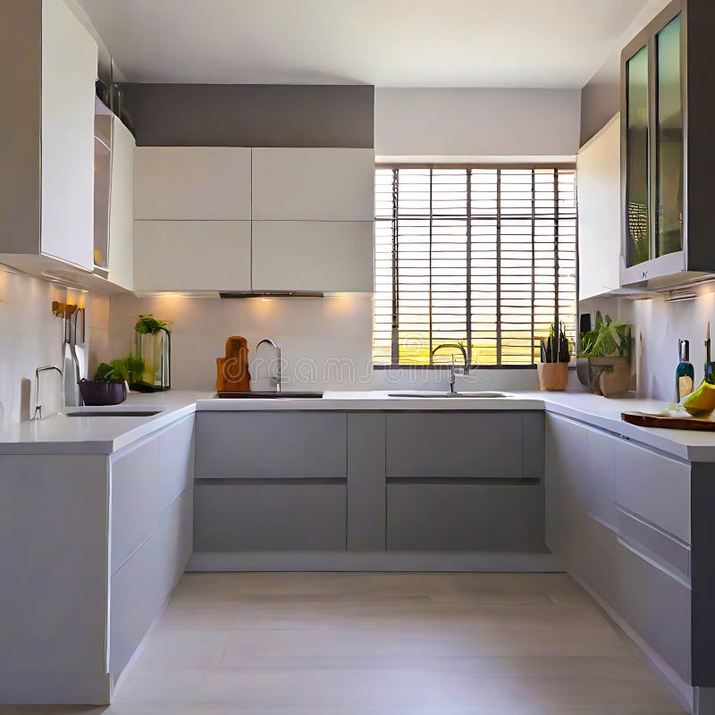 Beautiful Modern White and Grey Kitchen Interior Design. Generative AI
