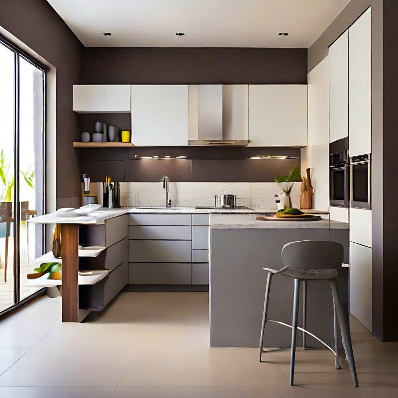 Beautiful Modern White and Grey Kitchen Interior Design. Generative AI