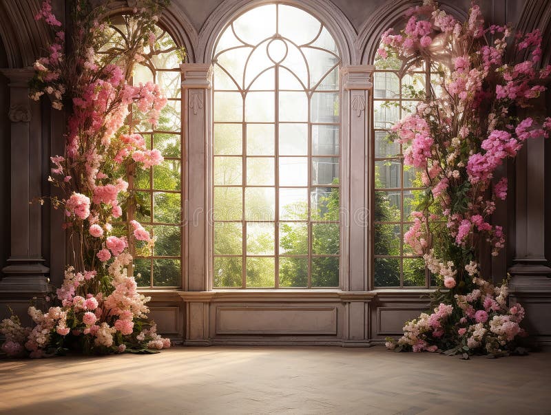 luxury elegant Garden background prop beautiful pink flowers , big windows , room for copyempty