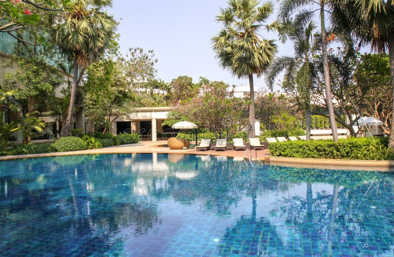 Beautiful luxury swimming pool in tropical hotel pool resort, Travelling in summer season