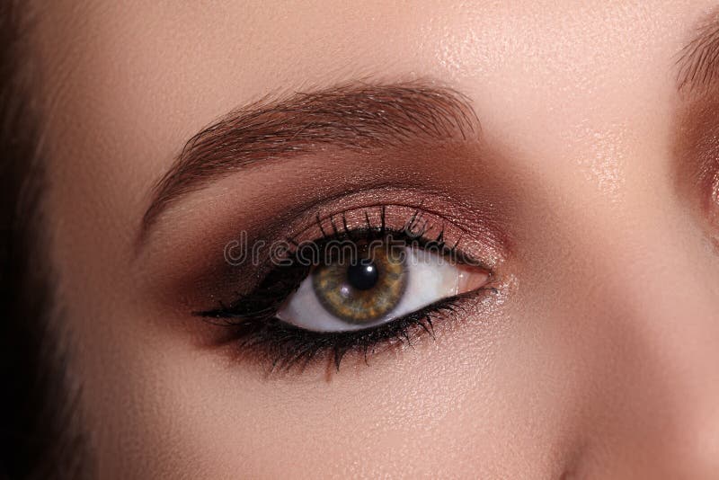 Beautiful Macro Shot of Female Eye with Classic Eyeliner Makeup. Perfect shape of eyebrows. Cosmetics and make-up