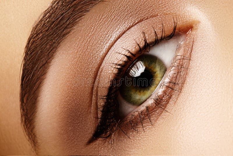Beautiful Macro Shot of Female Eye with Eyeliner Makeup. Perfect shape of eyebrows. Cosmetics and make-up. Perfect Brow