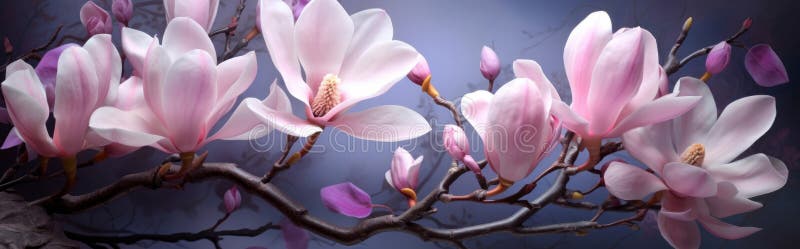Elegant white and golden flower on a tree branch on gray background.