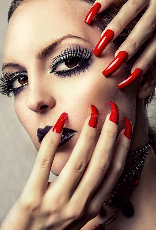 Beautiful Make-up And Long Red Nails Stock Image - Image of glam