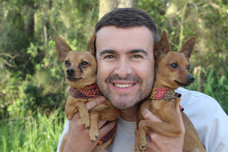 A beautiful man and his cute dogs stock photo
