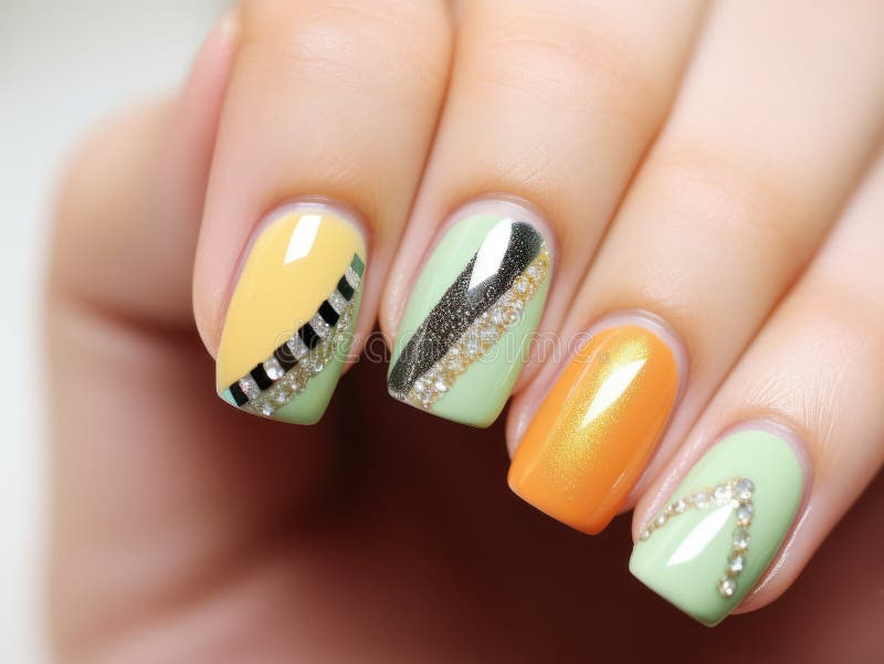 beautiful manicure long almond shaped nails nail design manicure gel polish close up hands young beautiful 301296981