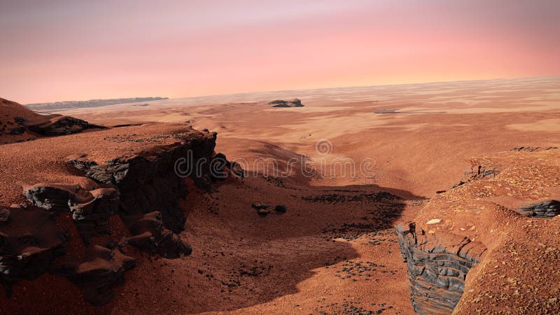 Jezero crater on planet Mars, Martian landscape with dry river bed