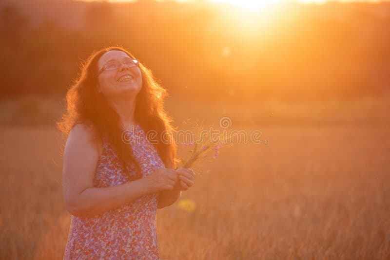 Beautiful Mature Woman In Sundress At Wheat Field On Sunset Stock Image Image Of Dress Field