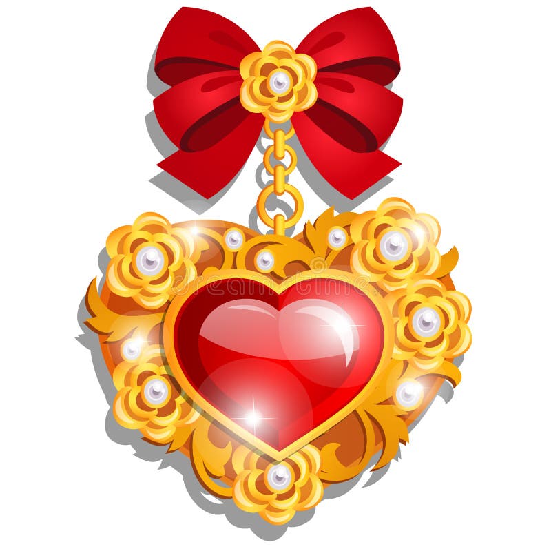 A beautiful medal in the shape of a red heart made of precious stones set in gold with ribbon bow isolated on white