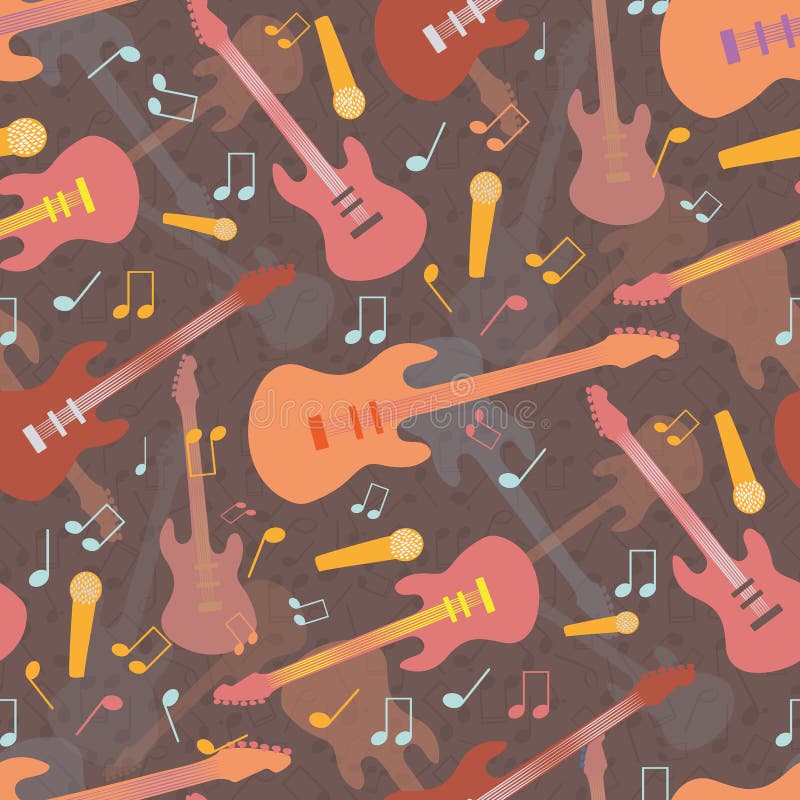 Beautiful mellow guitar and music design in multicolor hues of orange and pink. Seamless vector pattern on warm brown royalty free illustration Beautiful mellow guitar and music design in multicolor hues of orange and pink. Seamless vector pattern on warm brown royalty free illustration