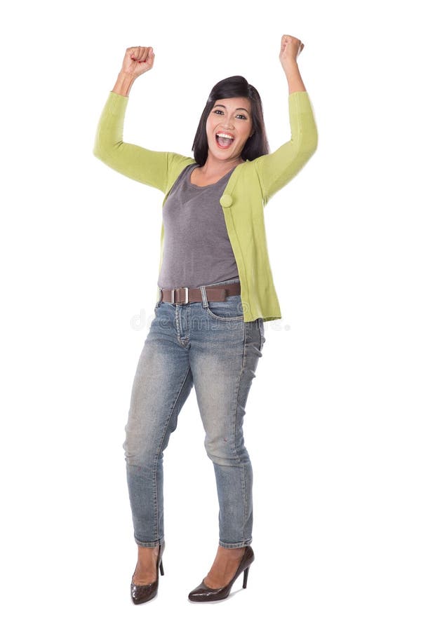 Beautiful middle aged Asian woman very excited and happy isolate