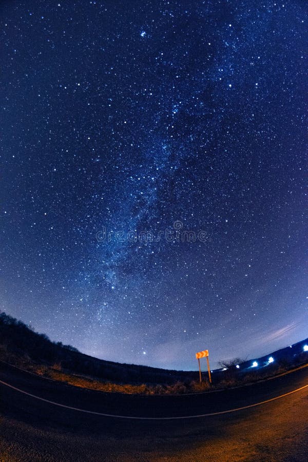 Beautiful Milky Way Galaxy Shot During Night On The Road Side Stock