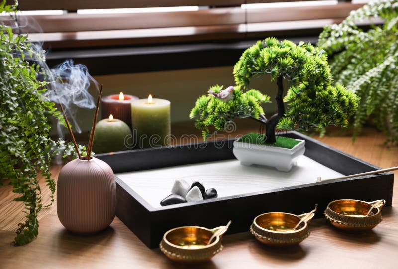 Beautiful Miniature Zen Garden on White Table Stock Photo - Image