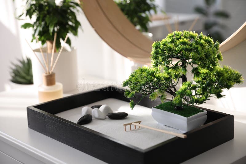 Beautiful Miniature Zen Garden on White Table Stock Photo - Image of bonsai,  mind: 166082316