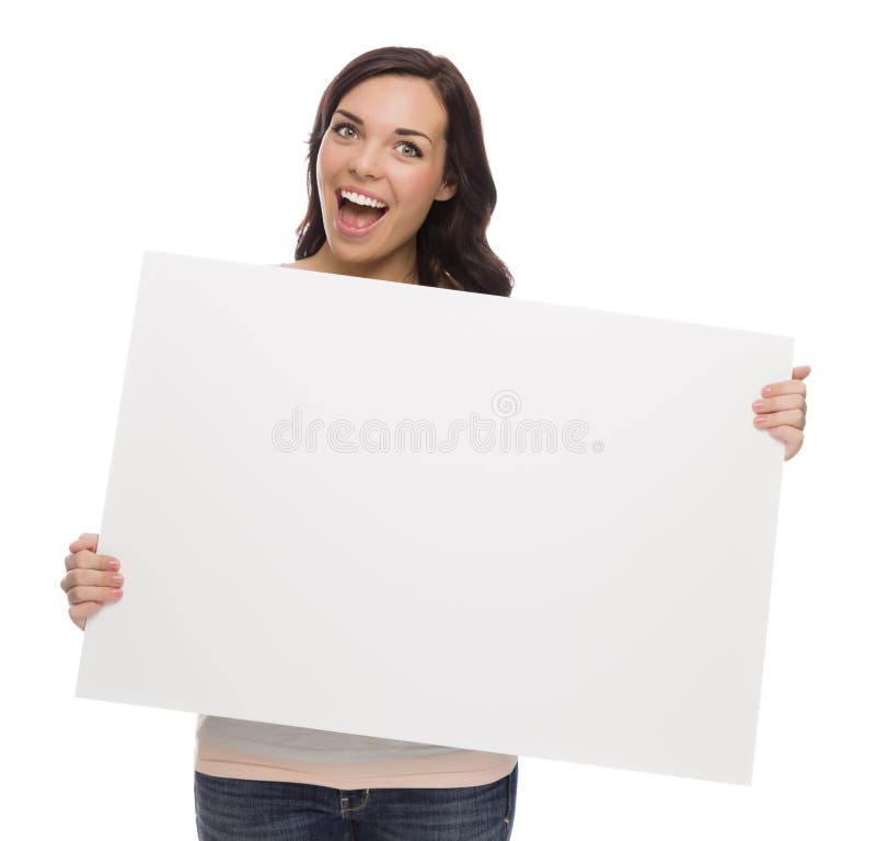 Beautiful Mixed Race Female Holding Blank Sign on White