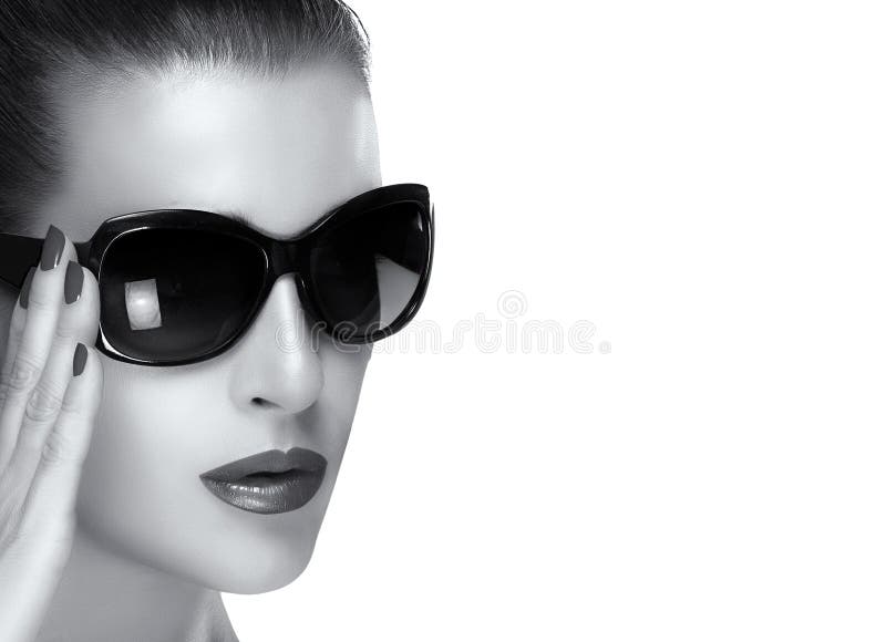 Beautiful Model Face in Black Fashion Sunglasses. Monochrome Portrait