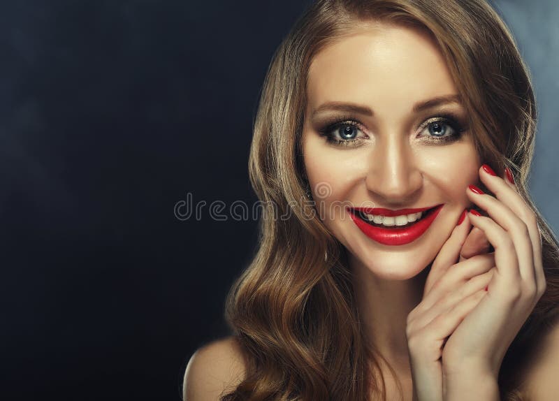 Beautiful Model Long Curly Hair Fashion Red Nails Cosmetics Makeup Wavy 