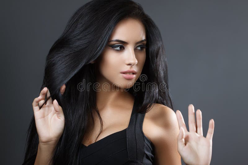 Beautiful Model Girl With Smooth Dark Hair Perfect Hair Black Dress