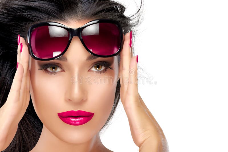 Beautiful Model Holding Fashion Sunglasses Forehead Stock Photos - Free ...
